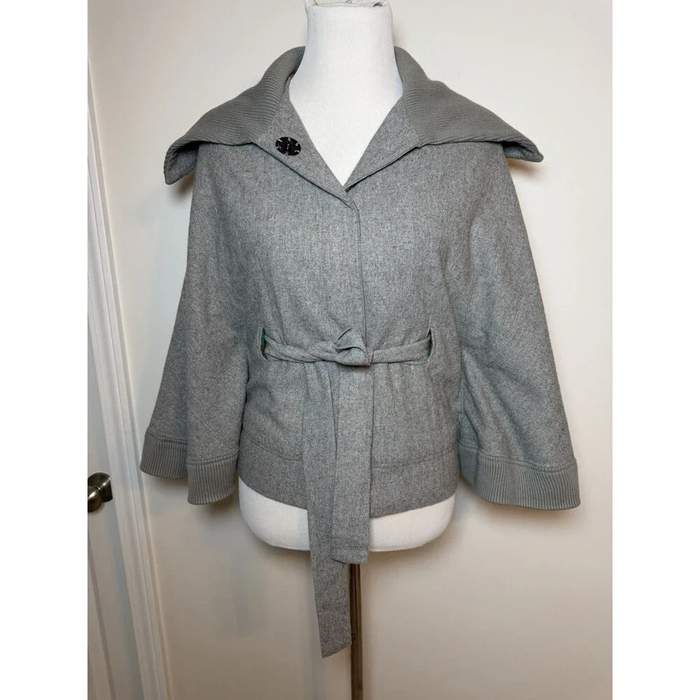 Free People Poncho Cape Jacket Wool Blend Gray XS Tie Waist